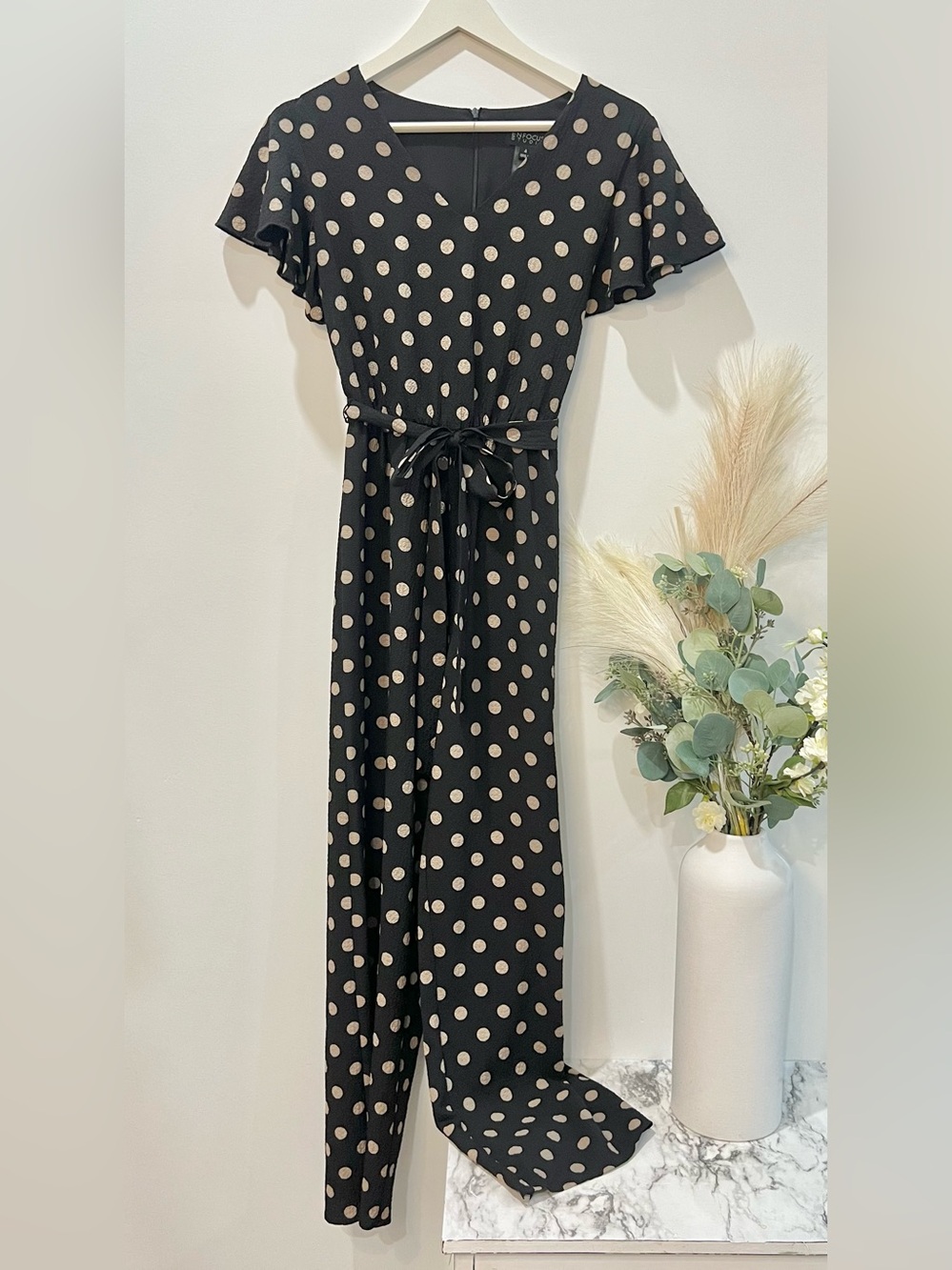 Enfocus Studio Black jumpsuit with Cream Polka Dots